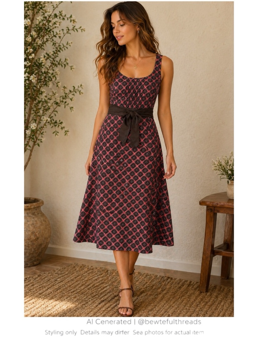 Vintage Cottagecore Silk Blend Midi Dress Pink Brown Smocked Waist
